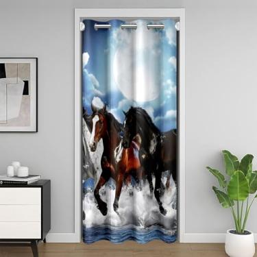 Imagem de Cortina de porta de cavalo galopante para adultos, adolescentes, meninos, preto, marrom, branco, para porta, privacidade, lua, céu noturno, cortina blackout para casa de fazenda, animal selvagem,