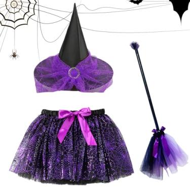 Imagem de Conjunto de fantasia de bruxa, kit de acessórios de fantasia de bruxa infantil com vassoura e saia | Kit de roupas de cosplay de Halloween ajustáveis para festas de vestido de carnaval e sessões de