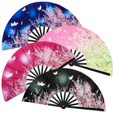 Imagem de BBTO 4 peças de leques de palmas para dança em linha, brilho UV, grande, dobrável, leque de rave de mão, masculino, feminino, chinês, japonês, bambu, clack, leque de mão para EDM Music Festival Club