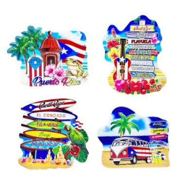 Imagem de Pacote com 4 ímãs de geladeira 3D de Porto Rico, conjunto de lembrança de resina com sapo, prancha de surf, guitarra, mini van e castillo San Felipe del Morro, decorações de geladeira porto-riquenha