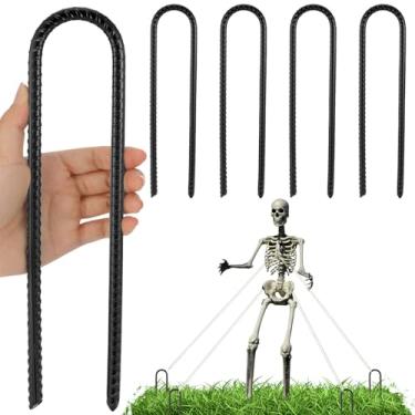 Imagem de MorningRo 4 peças âncoras de chão gancho U 30,5 cm estacas de trampolim vento forte estacas de vergalhão preto resistente para 3,6 m esqueleto barraca de acampamento Halloween esqueleto aço