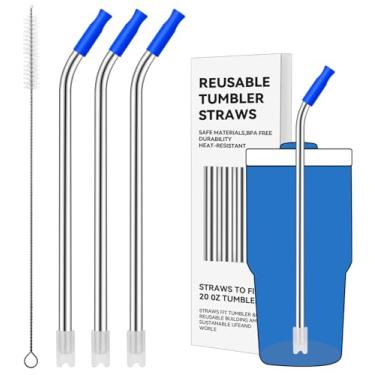 Imagem de Prurex Canudos de metal reutilizáveis com ponta de silicone para Stanley 590 ml, canudos de aço inoxidável para copo de 590 ml, 3 tubos dobrados e 6 pontas e 1 escova de limpeza (íris