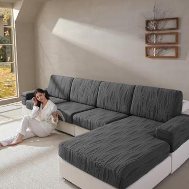 Imagem de QIANMEW Capas de almofada de sofá, laváveis com listras elásticas para sofá com 3 almofadas, em forma de L, protetor de móveis para cães (almofada de 2 lugares, cinza escuro)