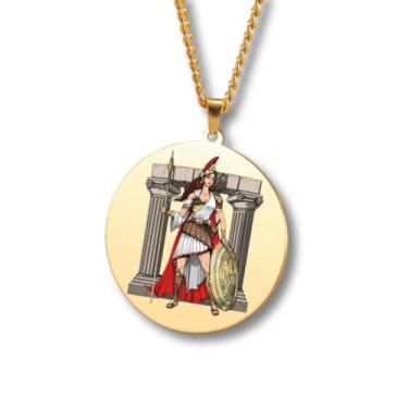 Imagem de Colar Mitologia Grega – Pingente Redondo Gravado Colorido em Aço Inoxidável • Deuses e Deusas da Grécia e Roma (Apolo, Ártemis, Poseidon, Ares, Zeus…) • Amuleto de Proteção Unissex (Athena • Gold)