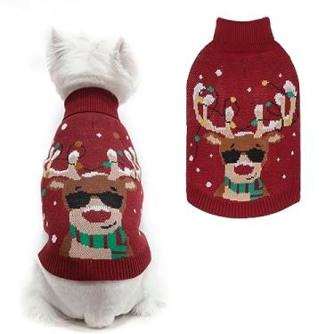 Imagem de PAWCHIE Suéter de Natal para cães com gola rolê com orifício para trela, roupas quentes de inverno para cães pequenos, meninos e meninas