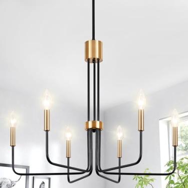 Imagem de LXWNYY Lustre moderno preto e dourado, 6 luzes de fazenda para sala de jantar, luminárias para pendurar no teto, lustre industrial para cozinha, sala de estar, quarto, entrada