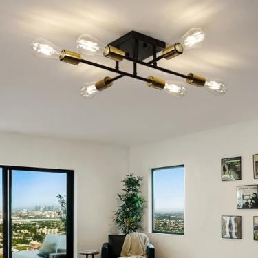 Imagem de Yenigy Luminária de teto de montagem semi-embutida de 6 luzes, preto fosco e dourado, Sputnik moderno perto da luz de teto com base E26, lustre para quarto, cozinha, sala de estar, sala de jantar