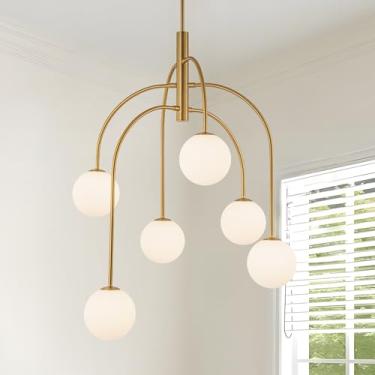 Imagem de LamQee Lustre moderno de 6 luzes de meados do século, lustre de globo de vidro de leite com metal dourado e bola branca, grande pendente de iluminação suspensa de teto para sala de jantar, cozinha