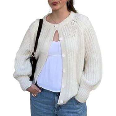 Imagem de Cardigan De Crochê Para Mulheres Tops Chunky Knitted Crew Neck Long Sleeve Button Down Jackets Open Front, Off-white, L
