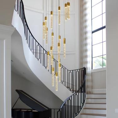 Imagem de Homeooze Lustre de cristal moderno de 401 cm com 20 luzes para entrada de teto alto, sala de estar, luminária de teto de montagem embutida, altura ajustável, lustres reguláveis de LED, acabamento