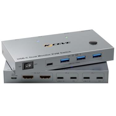 Imagem de KCEVE KVM Switch 2 monitores, 2 laptops USB C, switch KVM Dual Monitor HDMI 4K @60Hz para 2 laptops, compartilhe 4 dispositivos USB 3.0 com PD de 80 W, com 2 cabos USB-C e controle remoto com fio
