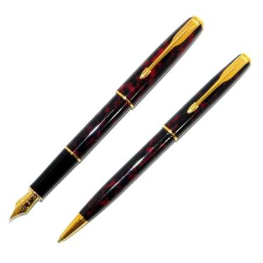 Imagem de Conjunto Parker Caneta Tinteiro 18k + Esfero Sonnet Francês Vermelho Marmorizado GT - NOS