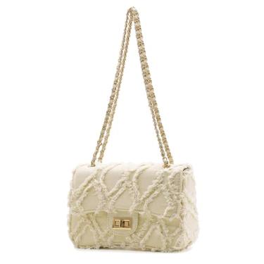 Imagem de Milisente Bolsa de ombro feminina pequena bolsa jeans acolchoada com corrente e bolsas de mão ou transversal para festa formal à noite, Creme amarelo