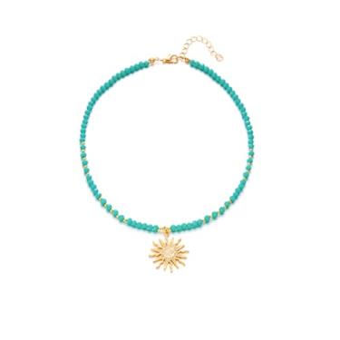 Imagem de Colar de praia com contas de cristal boho para mulheres, joia dourada com pingente de sol, colar gargantilha de verão com contas de girassol preto/verde/branco/rosa pérolas colares gargantilha moderna