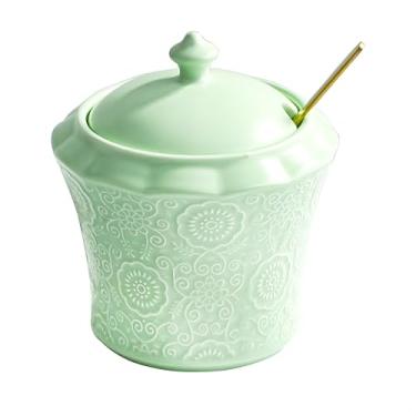 Imagem de Conjunto de açucareiro e pote de especiarias de cerâmica estilo nórdico com design floral em relevo, vasilhas de cozinha com tampas e colher de aço inoxidável dourada - Armazenamento doméstico