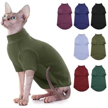 Imagem de SUNFURA Suéter de gola rolê para gatos, camiseta Sphynx Cats sem pelos com mangas, pulôver quente e macio para gatinho de lã, pijama de inverno para filhotes de gatos, verde exército GG