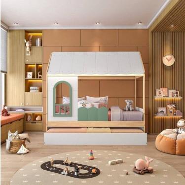 Imagem de Conjunto Bicama Reversível Casinha com Telhado, Led, Janela e Grade Frontal New Garden Casatema Verde/Natural