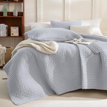 Imagem de Sanracie Jogo de cama King de algodão lavado na pedra (280 x 248 cm), conjunto de colcha com estampa de ponto cruz azul centáurea, 3 peças, extra macio, respirável, enrugado, acolchoado para todas as