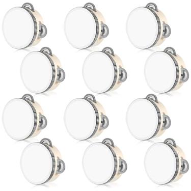 Imagem de 12 pandeiros de casamento de 10 cm a granel, tambor de pandeiro de casamento para adultos, tambor de mão de madeira com jingles de metal, instrumento de bateria educacional musical para festa, igreja