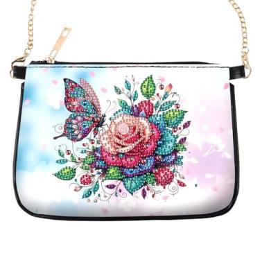 Imagem de antor Bolsa tiracolo de couro com pintura de diamante DIY com alça de corrente, bolsa de ombro feita à mão com strass e estampa de borboleta, kit de artesanato de pintura de diamante DIY fashion para
