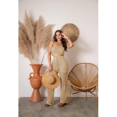 Imagem de Conjunto Saída De Praia Calça Pantalona Cropped Tricot Verão - Calu Tr
