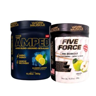 Imagem de WORKMUSCLE, Kit Pré Treino Five Force + MR Amped Work Muscle (Maçã Ver)