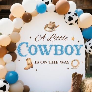 Imagem de KEWUFD Adesivo de parede A Little Cow Boy is On The Way, decoração de chá de bebê, caubói, tema ocidental, arco de balão, adesivo de parede, revelação de gênero, suprimentos de festa