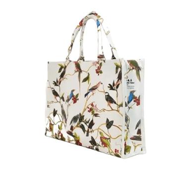 Imagem de Bolsa Artística com Estampa de Pássaros e Flores, Branca, Algodão Reciclado, Design Moderno, Alça Dupla, para Uso Diário