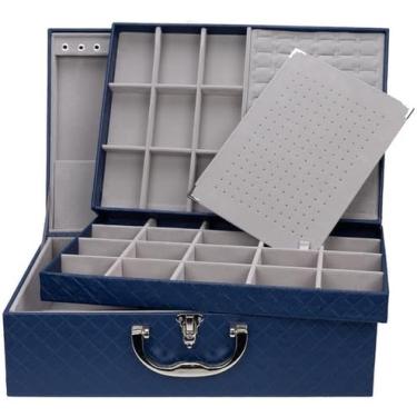 Imagem de Porta Joias Grande Tripla - Caixa Organizadora Viagem Com Bandeja(Azul Marinho c/Cinza)