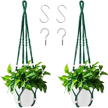 Imagem de Cabides para plantas de macramê verde escuro para decoração interna e externa, suporte para plantas suspensas, sem borlas, conjunto de 2 com 4 ganchos