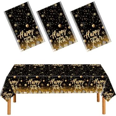 Imagem de DUYIY 3 peças de toalha de mesa preta com estampa de feliz ano novo, estampa de estrela dourada e bola, capa de mesa de jantar festiva de ano novo para decoração de festa, celebração de férias, 137 x