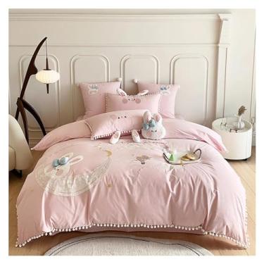 Imagem de Jogo de cama rosa fofo desenho animado coelho lua bordado 100% algodão conjunto de capa de edredom branco com borda de bola branca (lençol com elástico Queen 200 x 230 cm 4 peças)