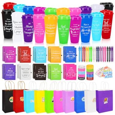 Imagem de Winocbxt Conjunto de 150 peças/20 presentes cristãos a granel para mulheres e homens, inclui copos de plástico de 680 g com cadernos religiosos, canetas, pulseiras, presentes de fim de ano para