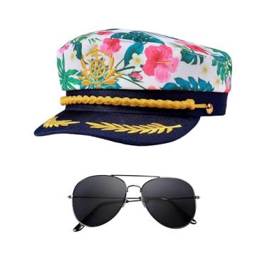 Imagem de Funny World Chapéu de capitão masculino tropical havaiano chapéu de iate azul marinho com óculos de sol clássicos, Conjunto de 1 peça, hawaiian 2 pack