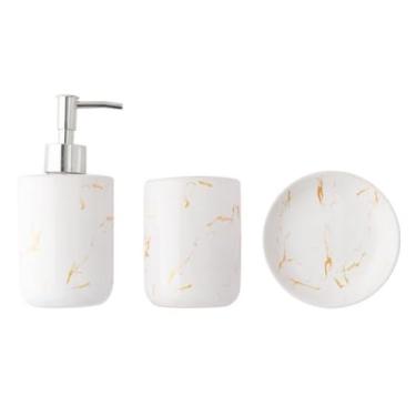 Imagem de Conjunto de Banheiro Moderno em Cerâmica e Plástico, Preto e Branco com Efeito Mármore, 3 Peças com Porta Sabonete Líquido, Suporte para Escova e Saboneteira (Branco)