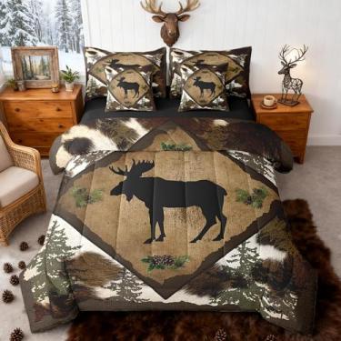 Imagem de Homewish Jogo de cama Queen com estampa de cabana de alce, animal selvagem, para crianças, adolescentes e adultos (lençol de cima, 2 fronhas, 2 fronhas)