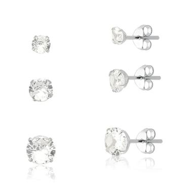 Imagem de Trio de Brincos Ponto de Luz com Zircônia, Banhado na Prata 925, 6 Peças, Design Clássico, Acabamento Polido Brilhante