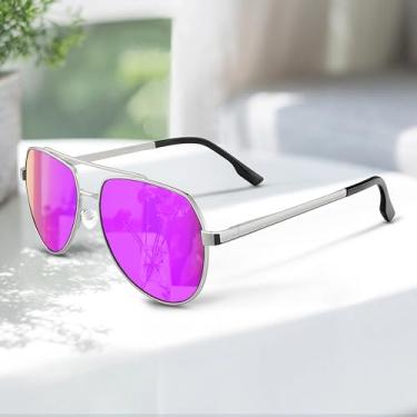 Imagem de Óculos de sol aviador masculinos, leves, masculinos, armação de metal, piloto para dirigir e pescar, Prata/roxo