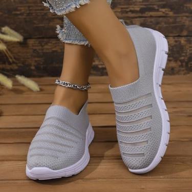 Imagem de Tênis feminino sem cadarço confortável, leve, respirável, de malha antiderrapante, casual, tênis para academia, viagem, trabalho, Cinza, 39