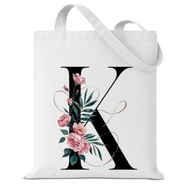 Imagem de Sacola de lona personalizada com inicial K para mulheres, meninas, presente com monograma, floral, letra K, reutilizável, mercearia, bolsa de ombro para compras, viagens, trabalho, praia