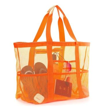 Imagem de Bolsa de praia grande de malha, bolsa de praia com bolsos com zíper - Piscina familiar, brinquedos e itens essenciais para férias, Laranja, Bolsa de praia de malha grande