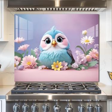 Imagem de fzxwyishu Backsplash de vidro temperado para cozinha, protetor de salpicos de fogão, design de pássaro fofo | Tábua de respingos resistente ao calor, decoração de parede de cozinha
