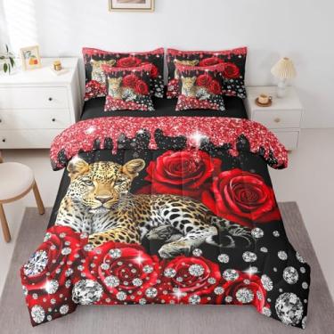 Imagem de Erosebridal Jogo de cama king size de guepardo, 7 peças, flores de rosas vermelhas, arte fluida de tinta ombré, conjunto de lençol com estampa de leopardo, gato grande, decoração de quarto de animais