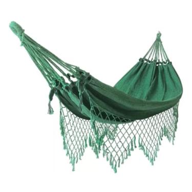 Imagem de Artesanal Rede de Descanso em Algodão Verde mesclado com Franjas Macramê, 150x360cm, para Jardim e Varanda, Capacidade 2 Pessoas, Instalação Fácil