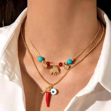 Imagem de Colar Boho Turquesa de Camada Dupla com Peixe Pimentão Olho Malvado Elefante Pingentes Adequado para Férias Casuais Joias Coleiras Modernas Contas de Ouro Berloques Acessórios Presente de Aniversário