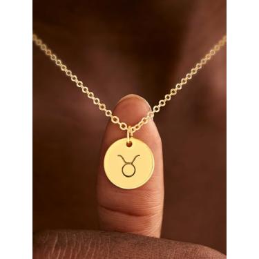 Imagem de Colar de ouro, moeda, disco, zodíaco, 12, constelação, estrela, gravado, horóscopo, signo de astrologia, pingente de astrologia, corrente banhada a ouro 14K, joia simples personalizada, Medium, Latão