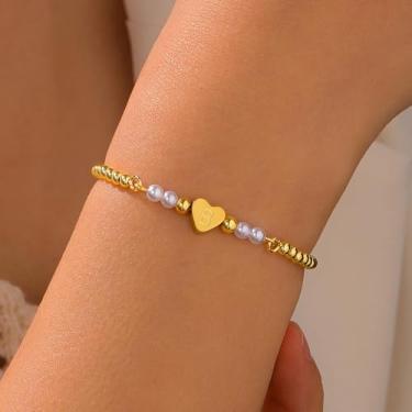 Imagem de Pulseira feminina banhada a ouro 14 K - Pulseira delicada com coração e letra A-Z, pulseira hipoalergênica que não mancha, presentes de aniversário de Natal personalizados joias modernas, 3.74015748