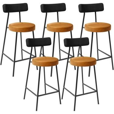 Imagem de Kit 05 Banquetas Baixa Cozinha Sala Jantar Bancada Milão L02 Couríssimo Preto Whisky - Lyam Decor