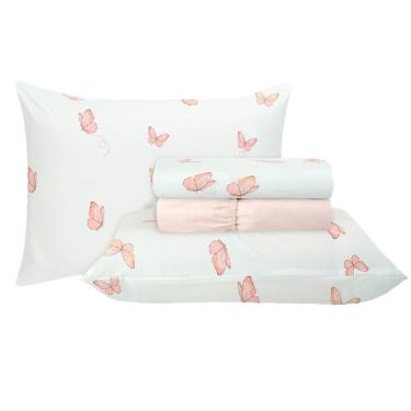 Imagem de Jogo De Cama Duplo Casal 4 Peças Percal 180 Fios Borboleta Sonhare Prata