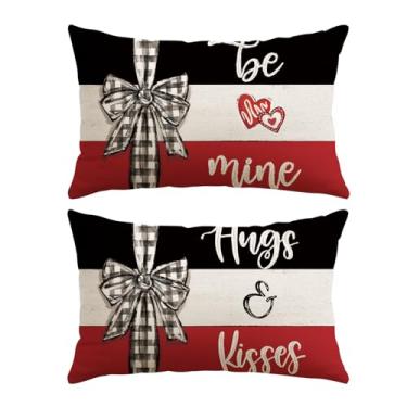 Imagem de OTOSTAR Conjunto de 2 capas de almofada para dia dos namorados, 30 x 50 cm, Be Mine Hugs Kisses, listras, laço, aniversário, casamento, decorativas, capas de almofada de inverno para sofá